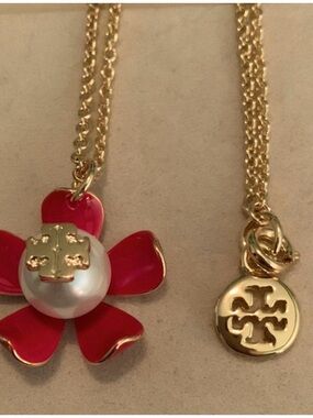 Tory Burch Kira 24” Golden with Red Flower Pearl Pendant